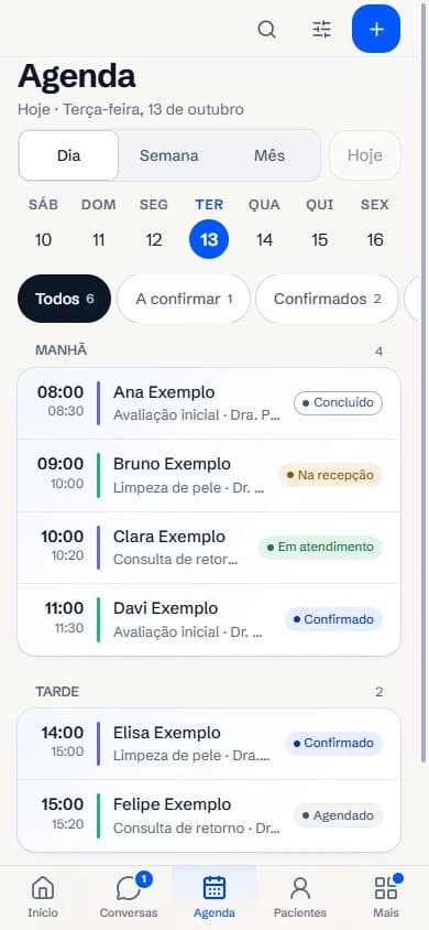 Agenda do dia no celular, separada por manhã e tarde (dados de demonstração)