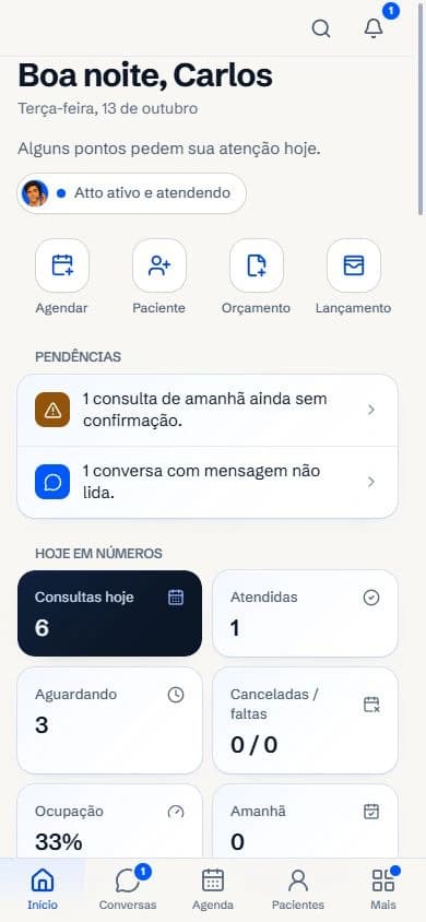 Início no celular, com pendências do dia (dados de demonstração)