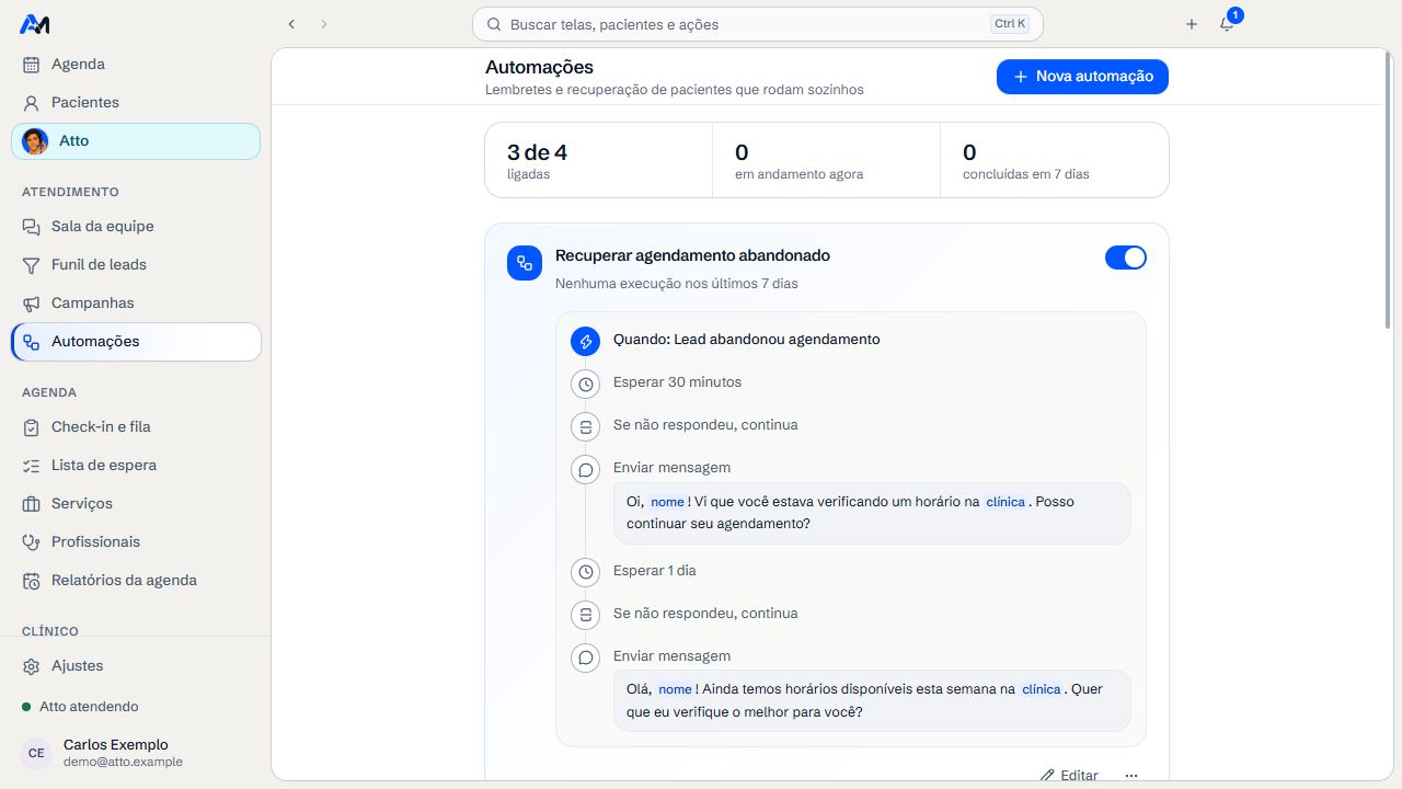 Automações no aplicativo Atenda com lembrete de consulta e retorno ao agendamento (dados de demonstração)
